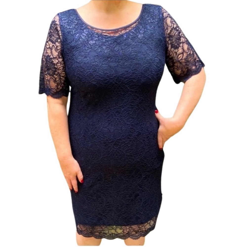 $270 Banana Republic Navy Blue Lace Dress Subtle Shimmer, Size 14 w/ STRETCH NWT - Picture 3 of 11